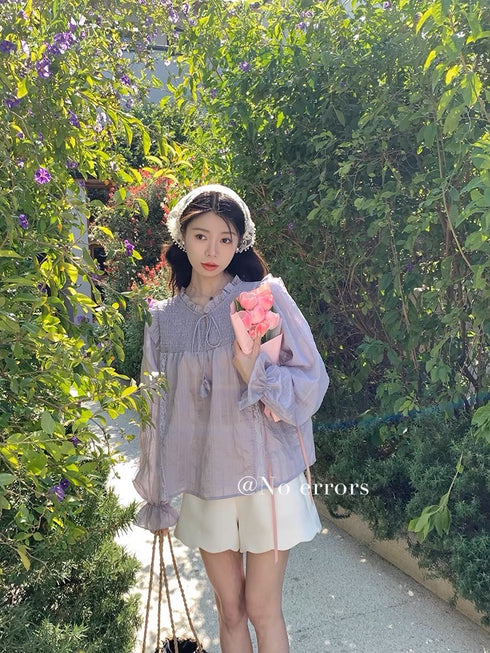 Women Vintage Ruffle Tie Latern Flare Sleeves Tops